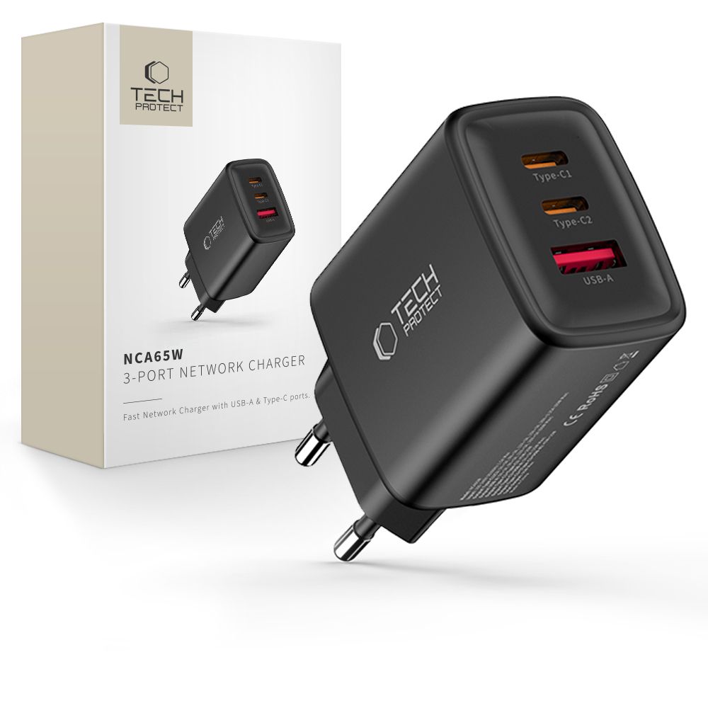 Tech-Protect NCA65W-GAN 3 portu 65 W sienas lādētājs - melns