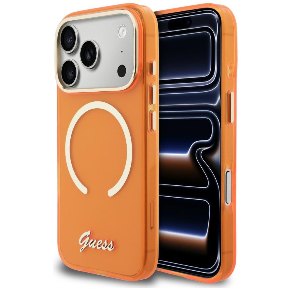 Guess IML Script Metal MagSafe Maciņš for iPhone 17 Pro - oranžs
