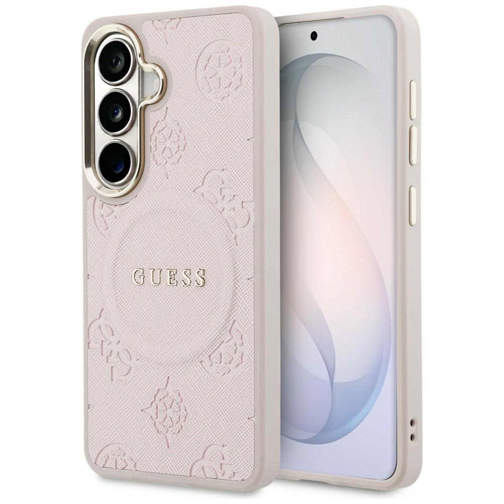 Guess maciņš Saffiano Peony Embossed Ring MagSafe priekš Samsung Galaxy S26 rozā
