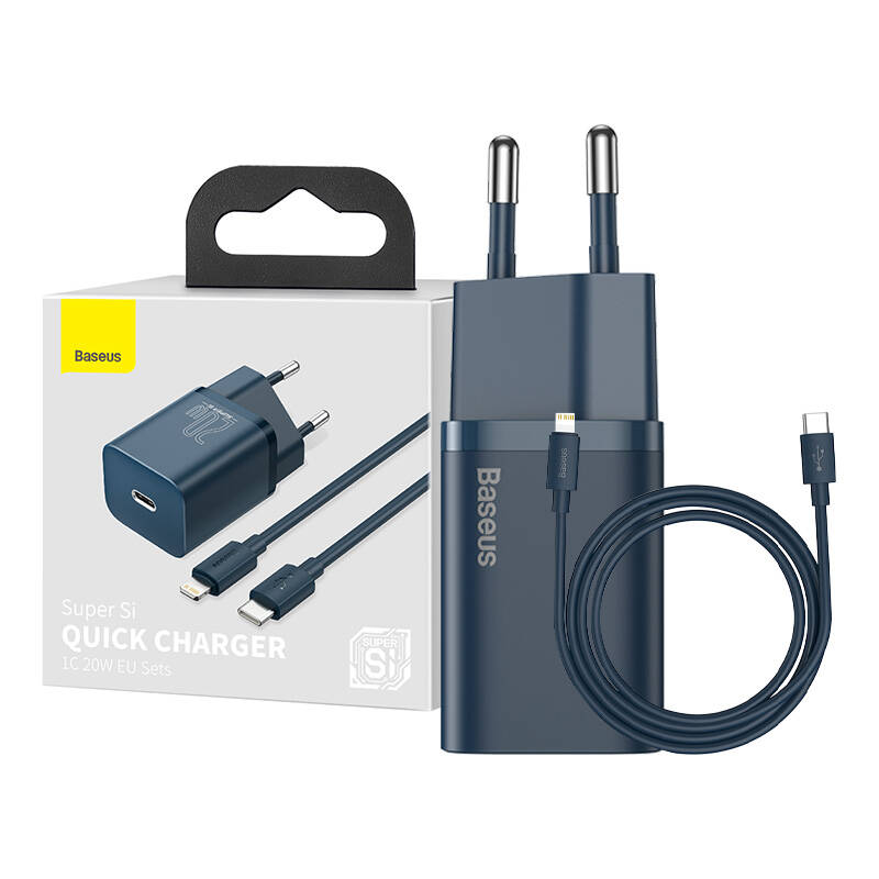 Baseus Super Si 1C ātrās uzlādes lādētājs USB Type C 20W Power Delivery + USB Type C - Lightning kabelis 1m zils (TZCCSUP-B03)