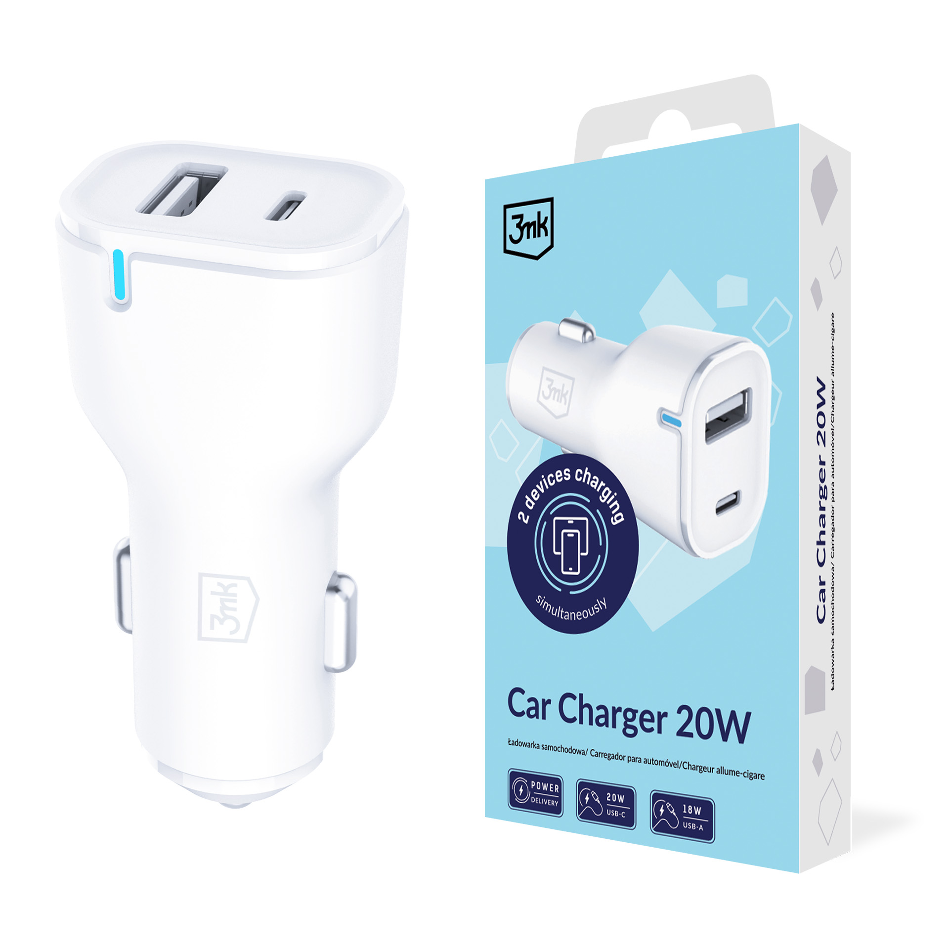 3mk auto lādētājs 20W PD 3.0 QC 3.0 USB 1A1C, balts
