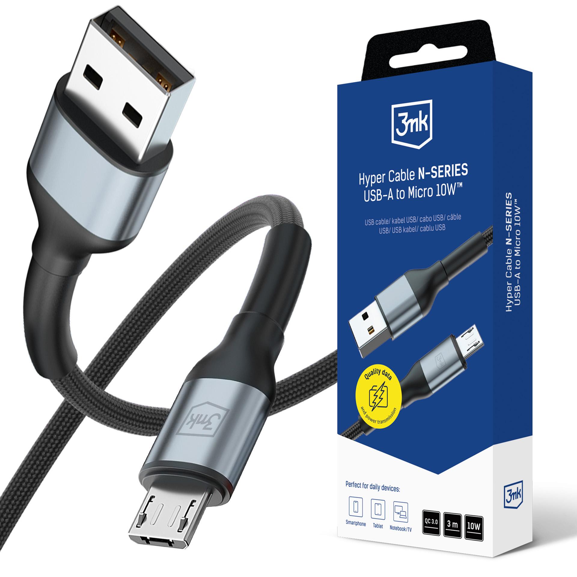 3mk Hyper Cable N-SERIES USB-A / MicroUSB kabelis 3m QC 3.0 5V/2A 10W melns
