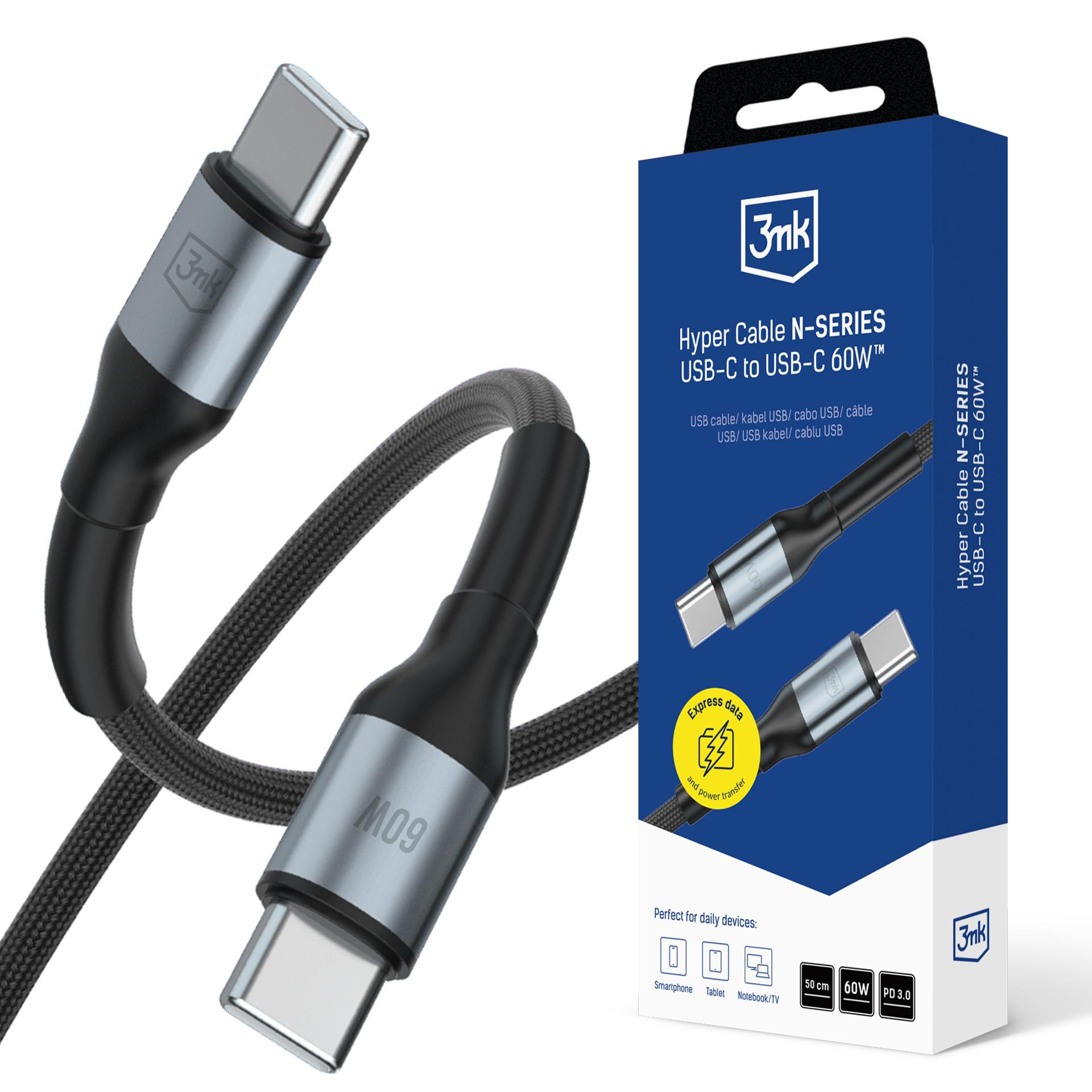 3mk Hyper Cable N-SERIES USB-C / USB-C kabelis 50cm PD 3.0 QC 3.0 20V/3A 60W melns