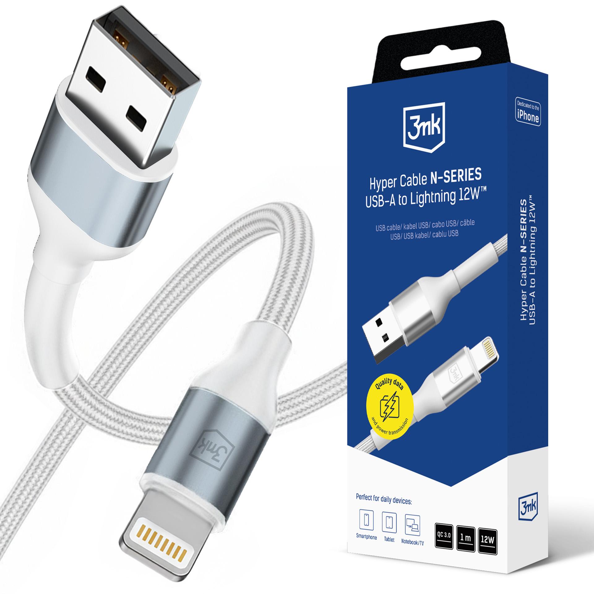 3mk Hyper Cable N-SERIES USB-A / Lightning kabelis 1m QC 3.0 5V/2.4A 12W balts