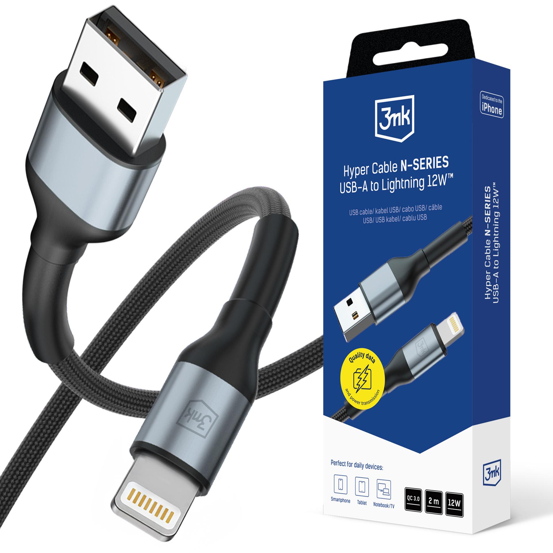 3mk Hyper Cable N-SERIES USB-A / Lightning kabelis 2m QC 3.0 5V/2.4A 12W melns