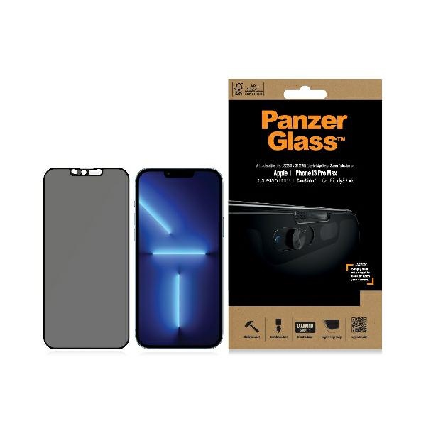 PanzerGlass E2E Microfracture rūdīts stikls iPhone 13 Pro Max CamSlider privātuma antibakteriāls melns