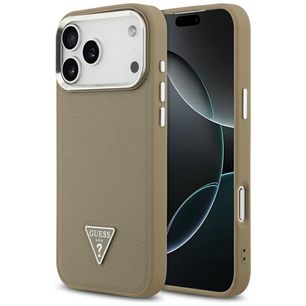 Guess Grained Triangle Logo Magnētiskais viedtālruņa apvalks iPhone 17 Pro Max brūns