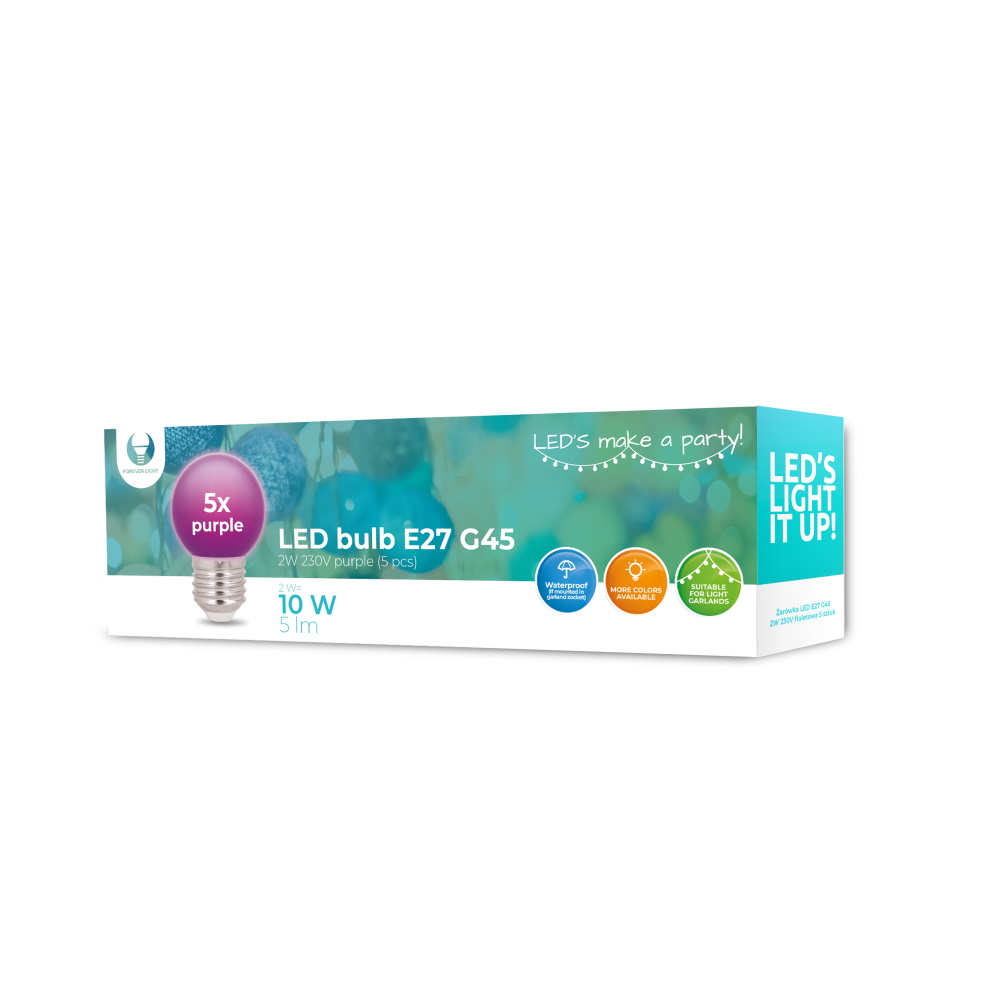 Forever Light LED spuldze E27 G45 2W 230V violeta 5 gab.