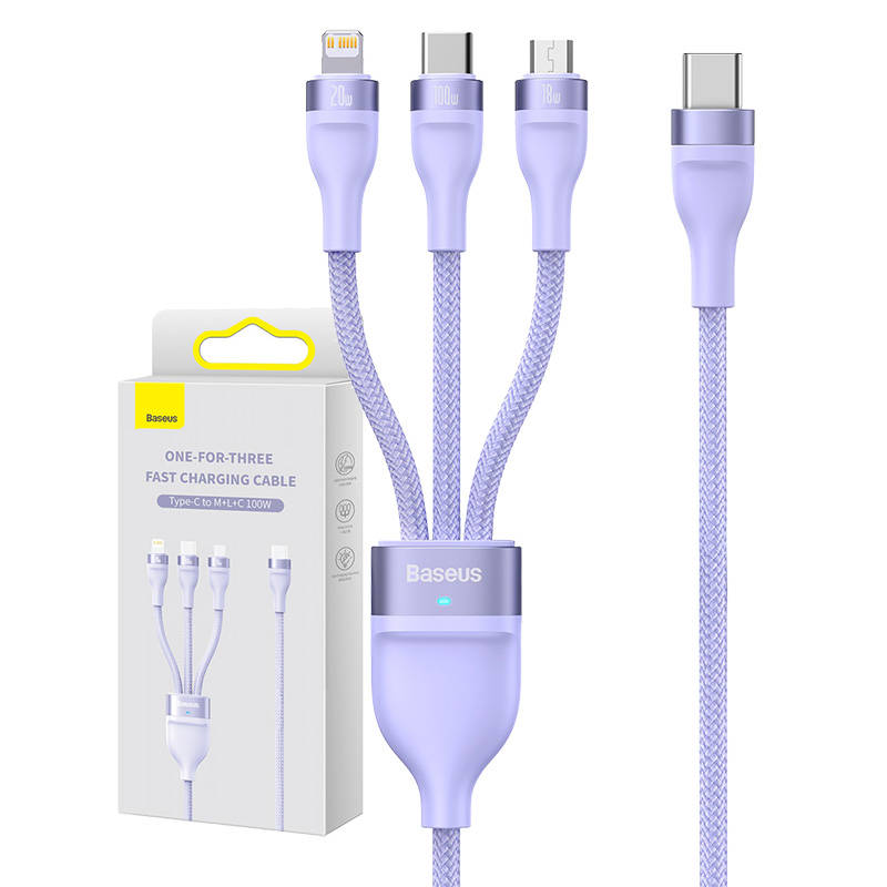 Кабель USB 3 в 1 Baseus Flash Series 2, USB-C + Micro USB + Lightning, 100W, 1.5m, фиолетовый