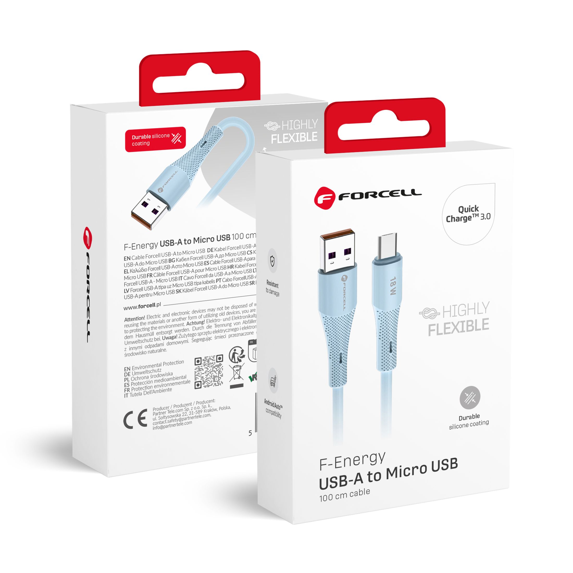 Kabelis FORCELL F-ENERGY C341 USB A uz Micro USB QC3.0 2,4A 18W Silikons 1 m zils (m)