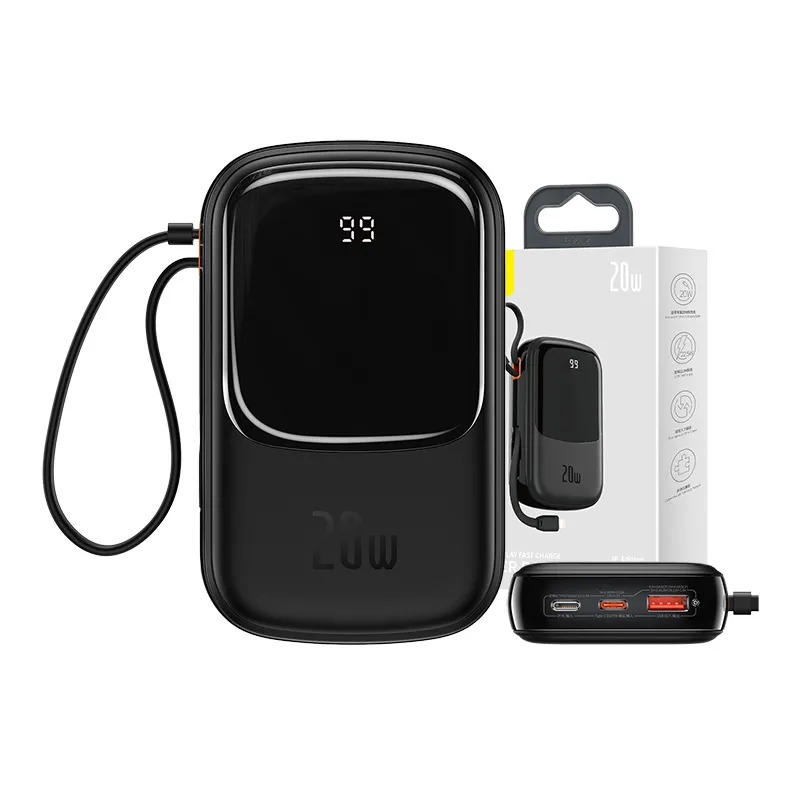 Powerbank Baseus Qpow PRO ar Lightning kabeli, USB-C portu un USB 20000mAh, 20W (melns)