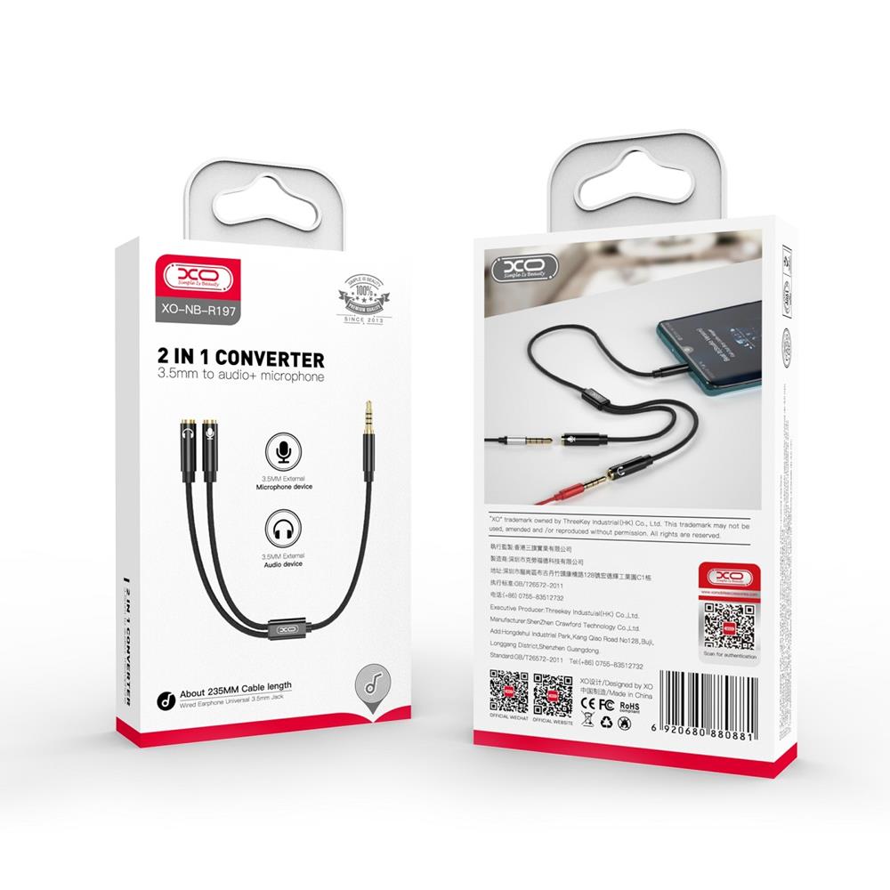 XO cable audio 2in1 NB-R197 3.5mm jack - socket 3.5mm jack / microphone 0,23 m black
