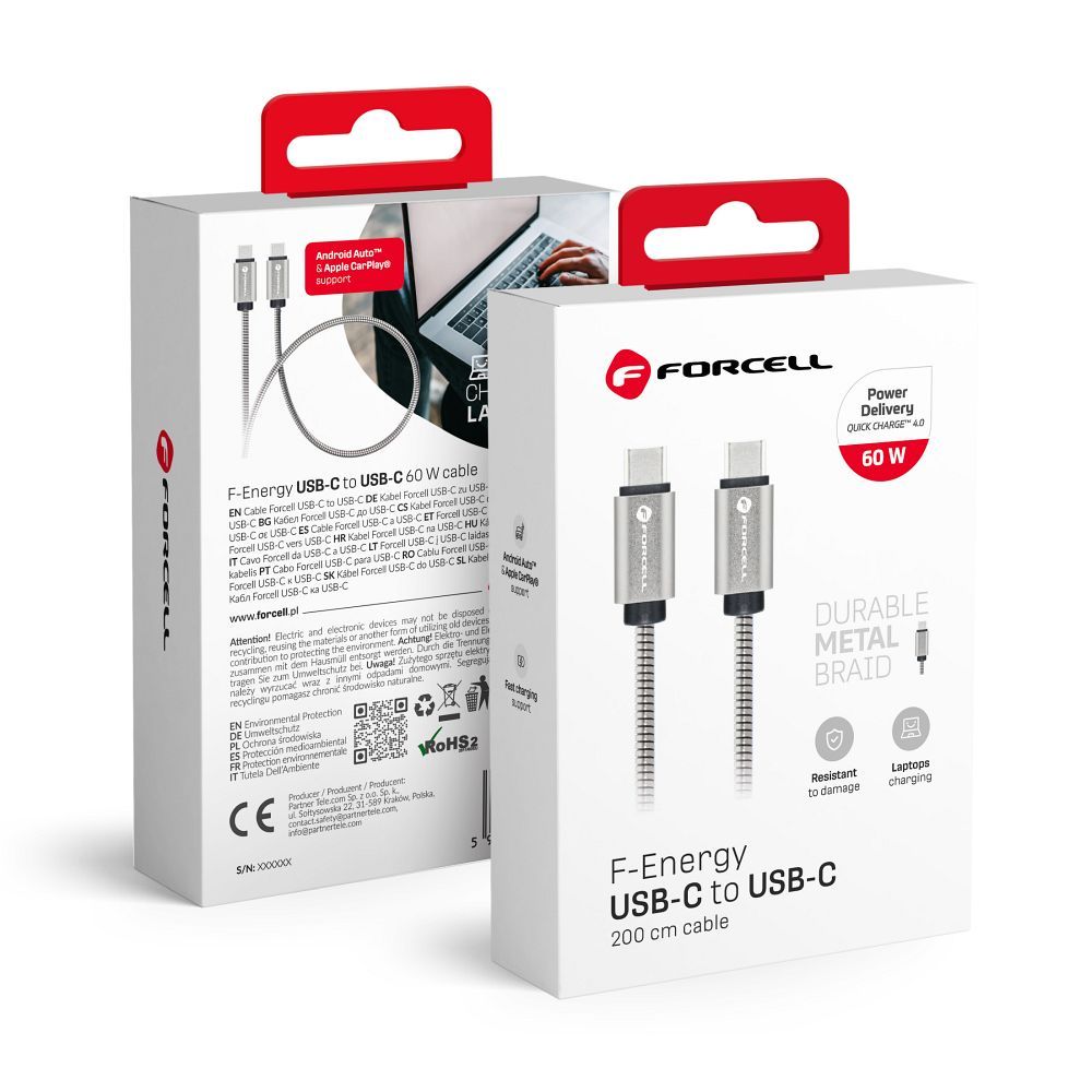 Kabelis (m) Metālisks C237 kabelis Type C uz Type C PD QC4.0 3A 60W 2 m sudrabains