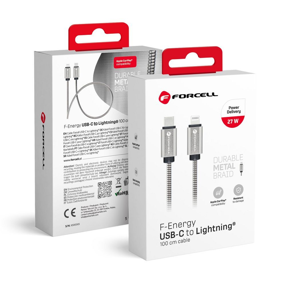 FORCELL F-ENERGY Metal C238 kabelis Type C uz Lightning PD 3A 27W 1 m sudraba