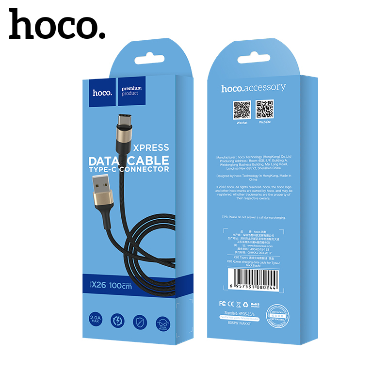 Kabelis USB A uz USB C Hoco 2A 1 m X26 melns un zeltains
