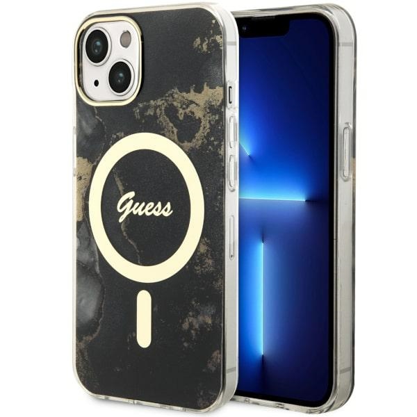 Guess GUHMP14SHTMRSK iPhone 14 6.1" melns/melns cietais apvalks Golden Marble Magnētiskais