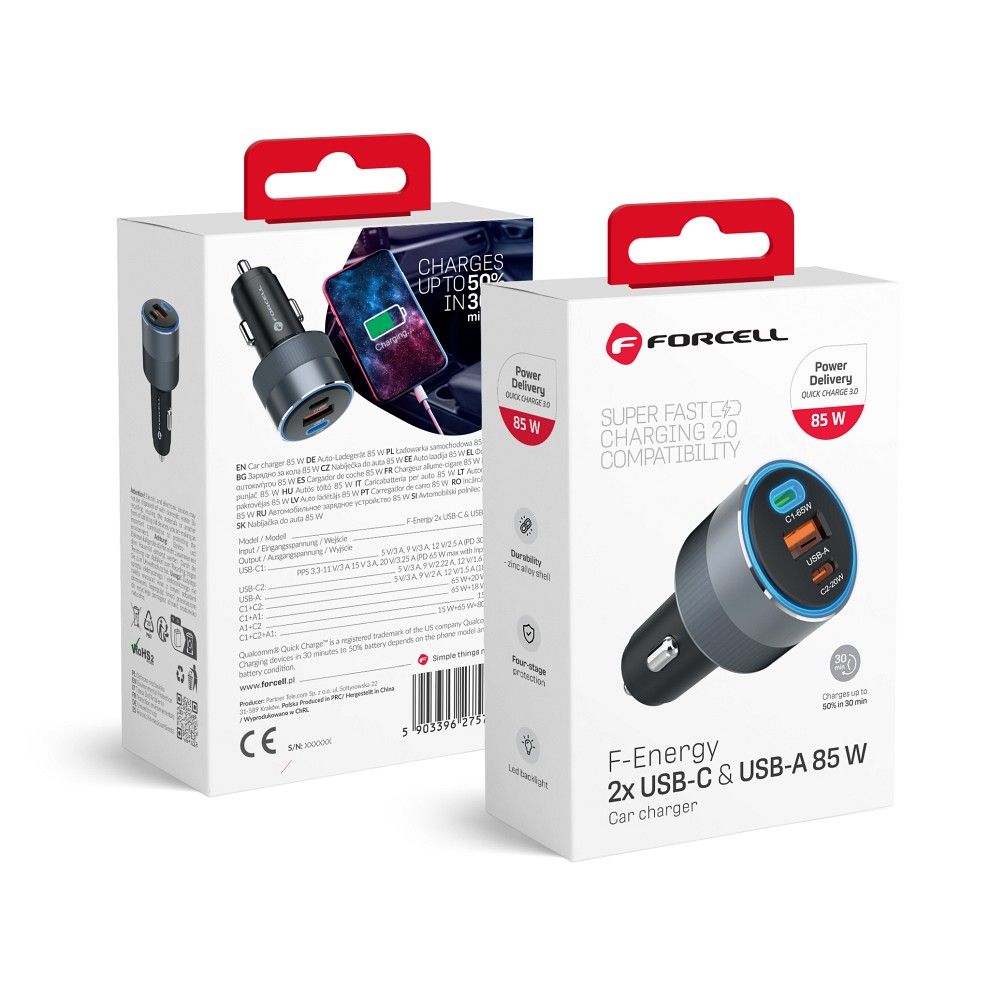 FORCELL F-ENERGY Alu automobiļa lādētājs 2 x Type C + USB A PD QC4.0 SFC2.0 3A 85W pelēks