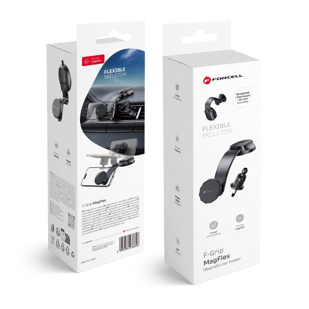 FORCELL F-GRIP MagFlex magnētiskais auto turētājs vējstiklam / paneļim / ventilācijas atverei melns