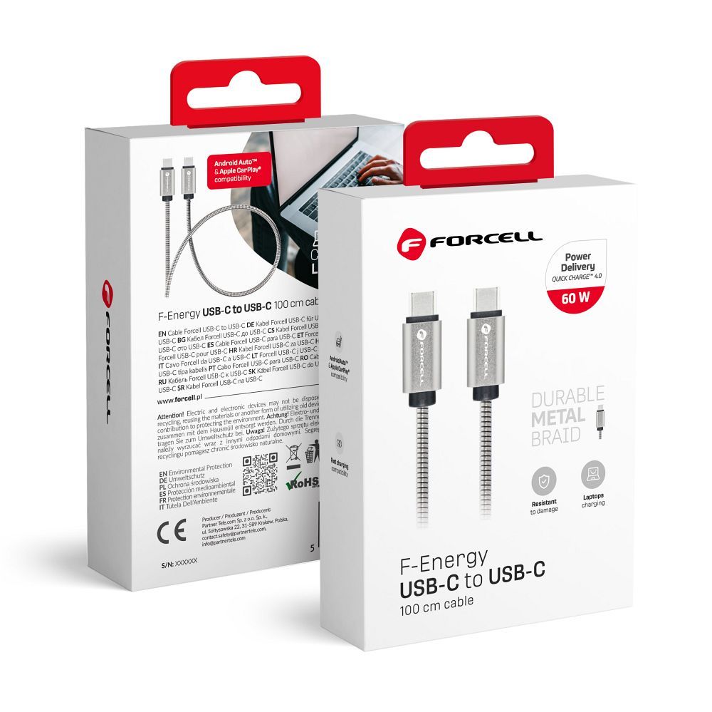 FORCELL F-ENERGY Metal C237 kabelis Type-C uz Type-C PD QC4.0 3A 60W 1 m sudrabains