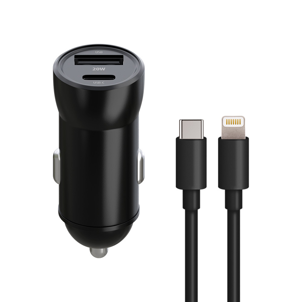Maxlife MXCC-04 PD QC auto lādētājs 1x USB-C 1x USB 20W melns + USB-C - Lightning kabelis 27W