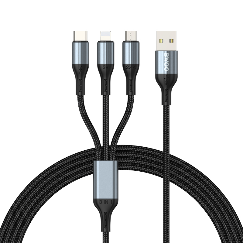 BWOO 3-in-1 Kabelis USB - USB-C, Lightning, Micro USB 1m 3A X274 melns