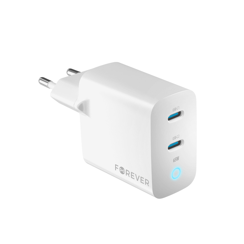 Forever TC-06-65CC GaN PD QC lādētājs 2x USB-C 65W balts