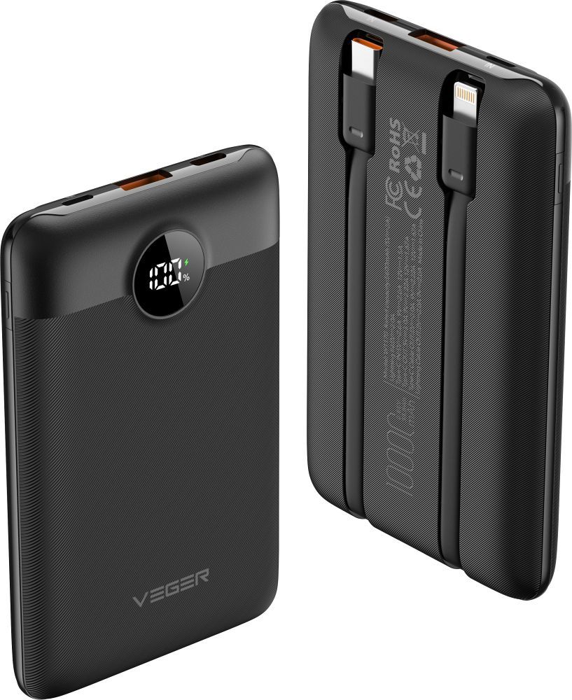VEGER portatīvais lādētājs 10000 mAh ar iebūvētiem kabeļiem Type C / Lightning PD QC3.0 2A 22,5W C11 (W1170) melna