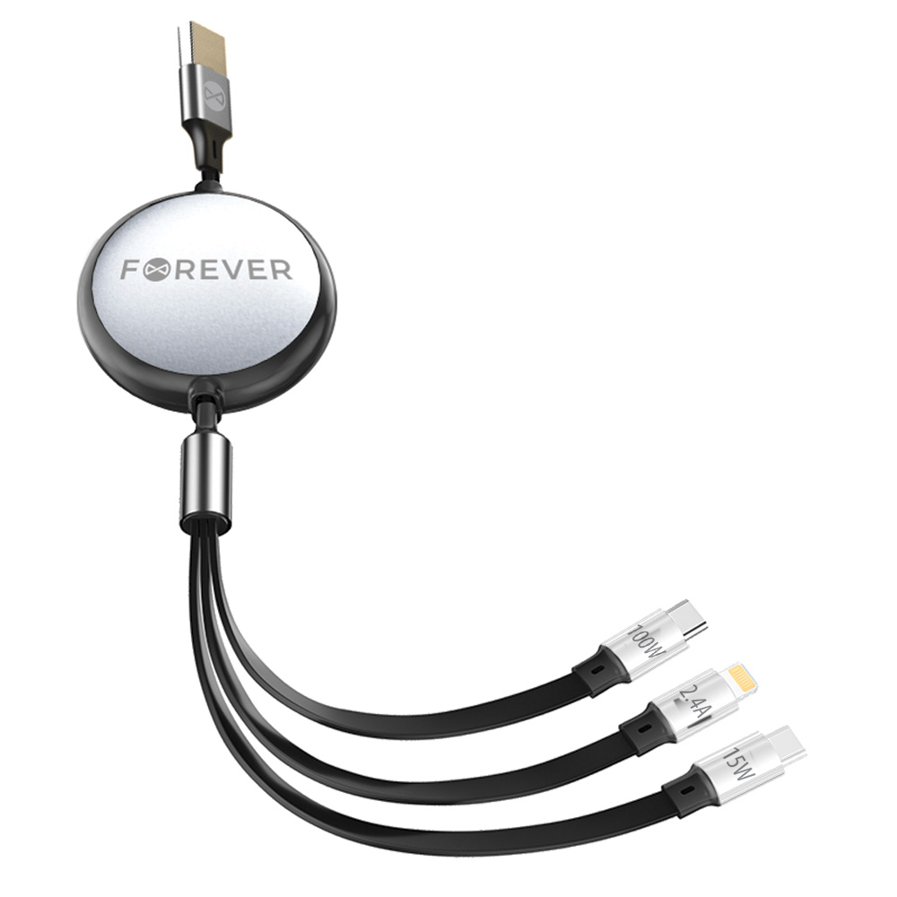 Forever 3in1 kabelis USB - Lightning + 2x USB-C 1,2 m 100W melns