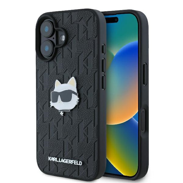Karl Lagerfeld Monogramma Choupette Galvas Piespraude iPhone 16 Viedtālruņa Apvalks - Melns
