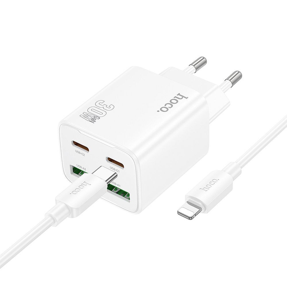 Lādētājs viedtālrunim Hoco 2 x USB C + 2 x USB A QC3.0 PD 3A 30W + kabelis USB C uz Lightning N56 balts