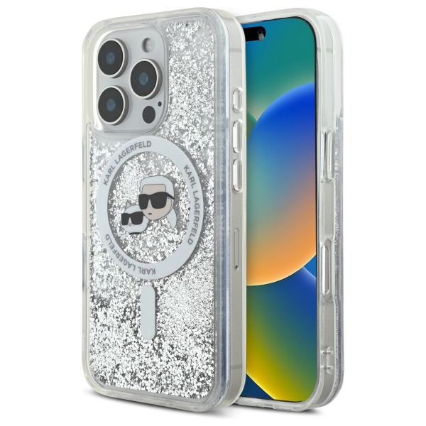 Karl Lagerfeld Liquid Glitter Karl & Choupette Head Magnētiskais viedtālruņa apvalks iPhone 16 Pro Max - caurspīdīgs