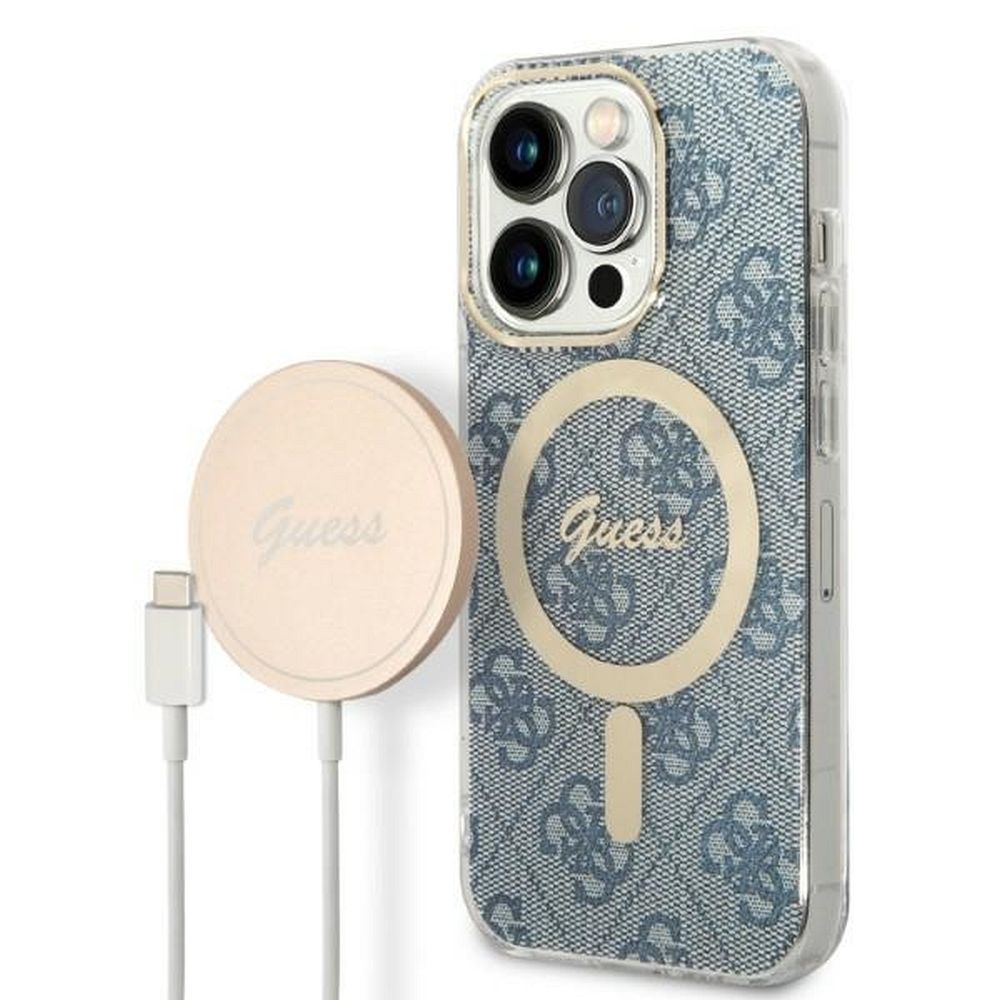 Komplekts Guess GUBPP14LH4EACSB vāciņš + lādētājs iPhone 14 Pro 6.1" zils cietais vāciņš ar 4G rakstu Magnētiskais