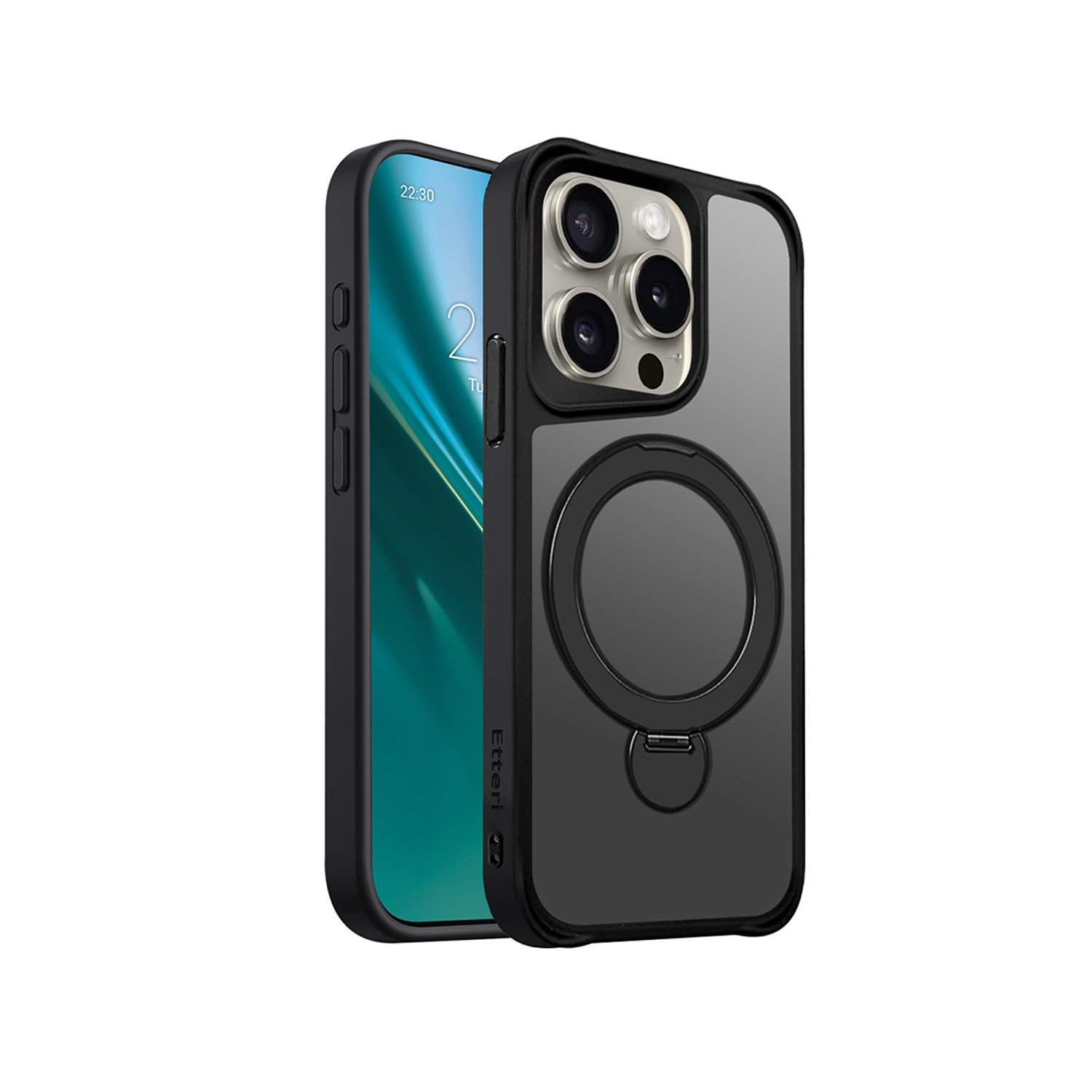 Etteri Matēts Magnētiskais gredzens viedtālruņa apvalks iPhone 15 Pro 6,1" melns