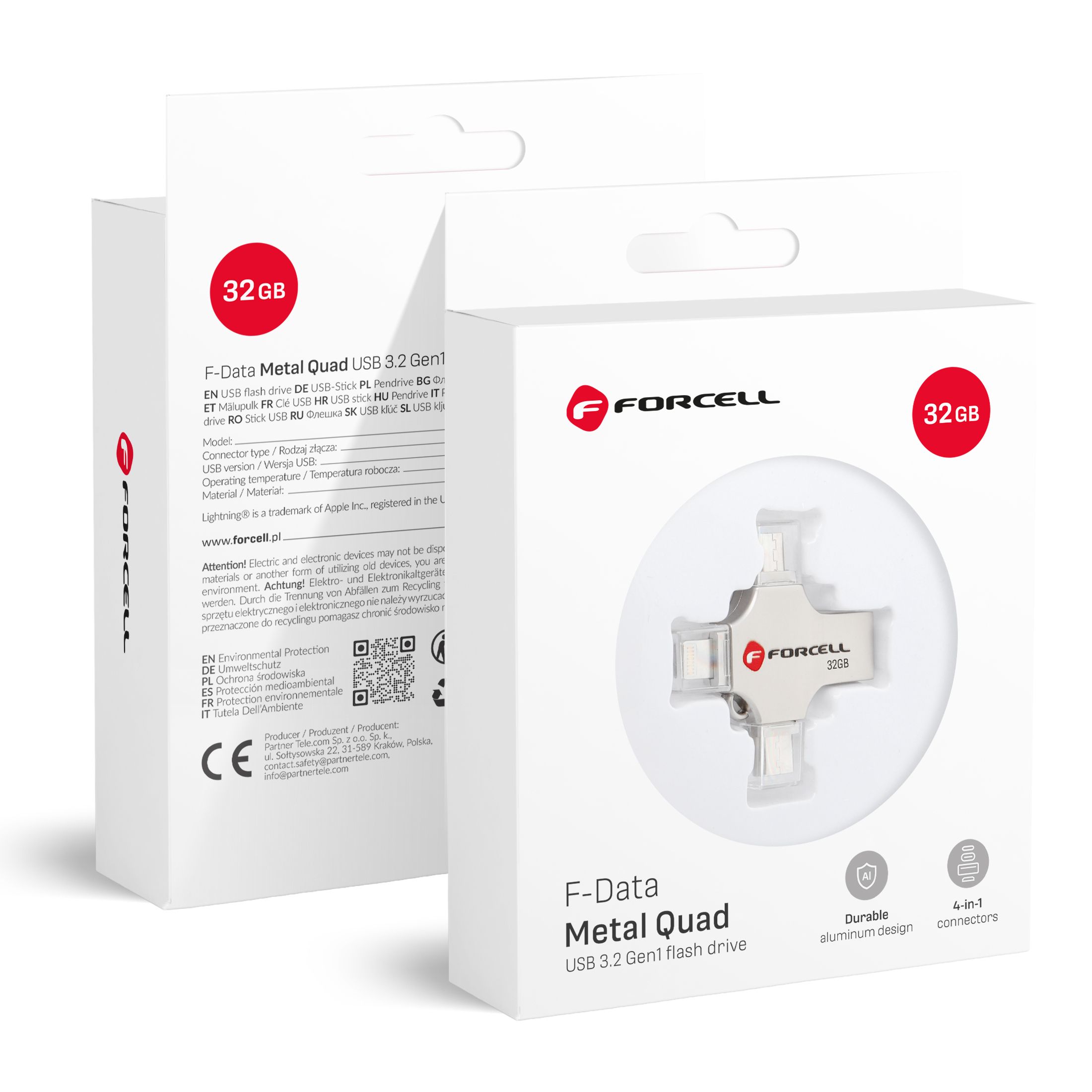 FORCELL F-DATA USB zibatmiņa Metal Quad 32GB USB3.2 Gen 1 (USB A / Type C / Lightning / Micro USB) sudraba