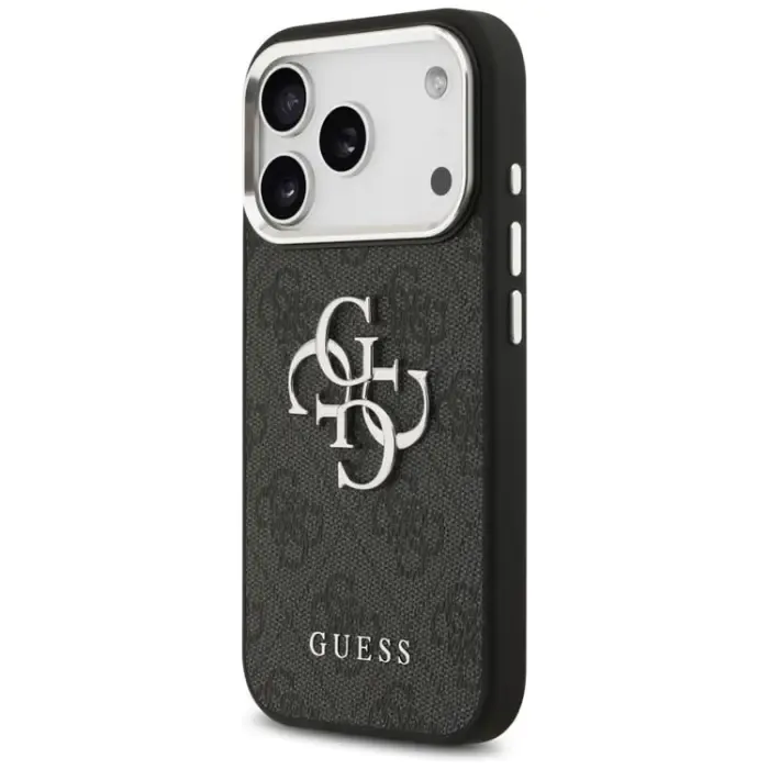 GUESS viedtālruņa apvalks IPHONE 17 GUHCP17SP4G4SMCK (4G PU ādas apvalks ar lielu 4G un klasisko logotipu un sudraba metāla kameras rāmi) melns