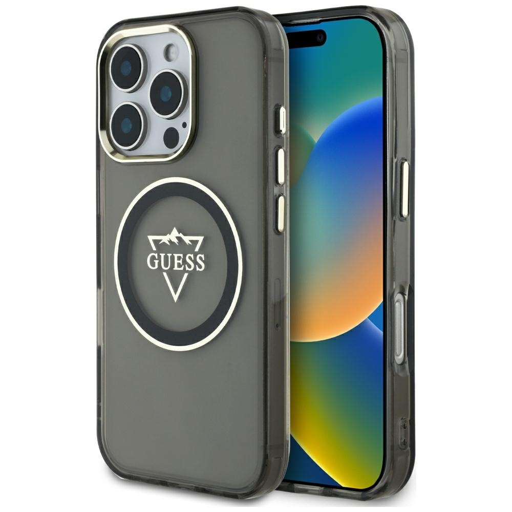 Guess IML Metal Mountain Logo Magnētiskais iPhone 16 Pro viedtālruņa apvalks - melns