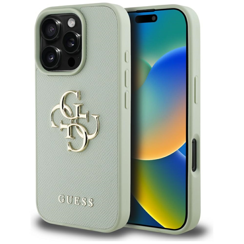 Guess graudainās ādas mazais klasiskās sērijas vāciņš ar lielu 4G logotipu iPhone 16 Pro - zaļš