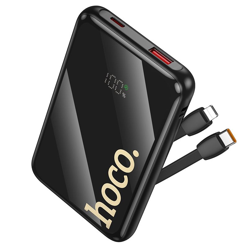 Portatīvais lādētājs Hoco 10000 mAh QC PD 22,5W ar iebūvētiem kabeļiem USB C + Lightning Q37 melns