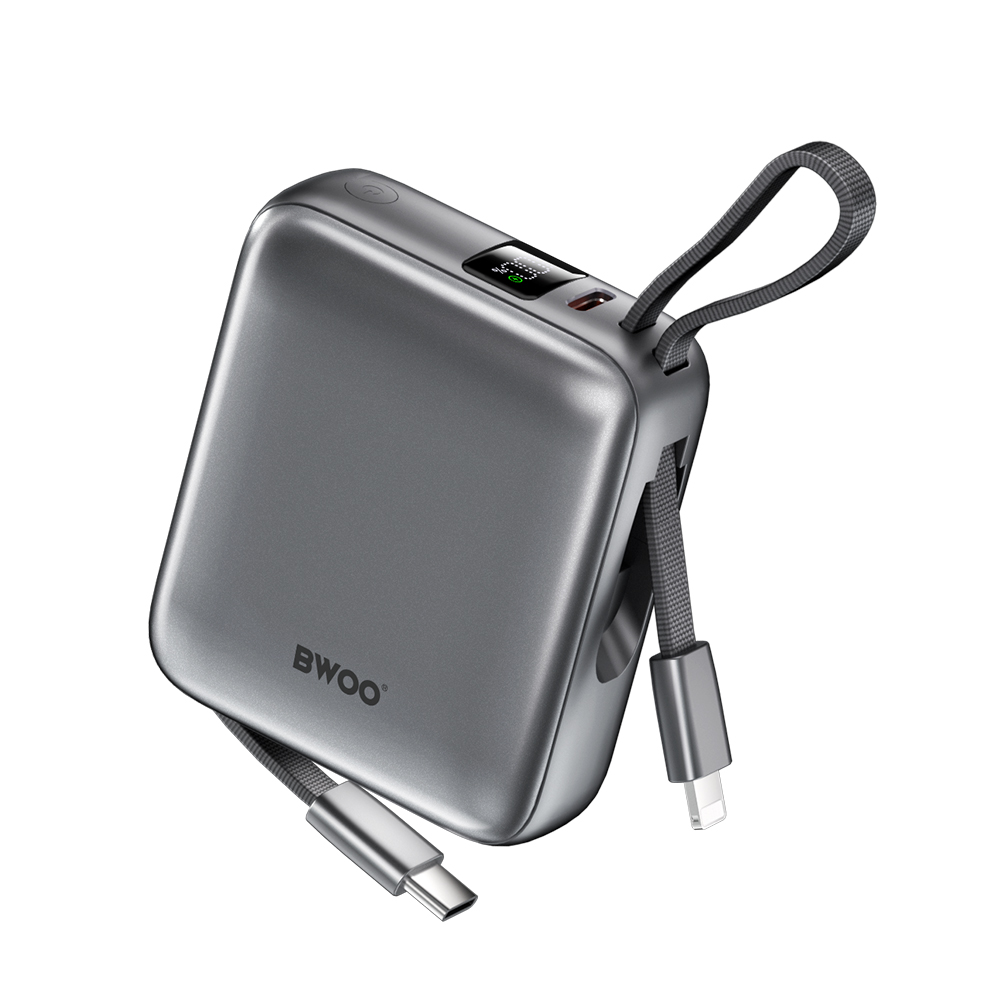 BWOO portatīvais lādētājs P74 22.5W 20000 mAh ar 2 iebūvētiem kabeļiem 1 x USB-C 1 x Lightning melna