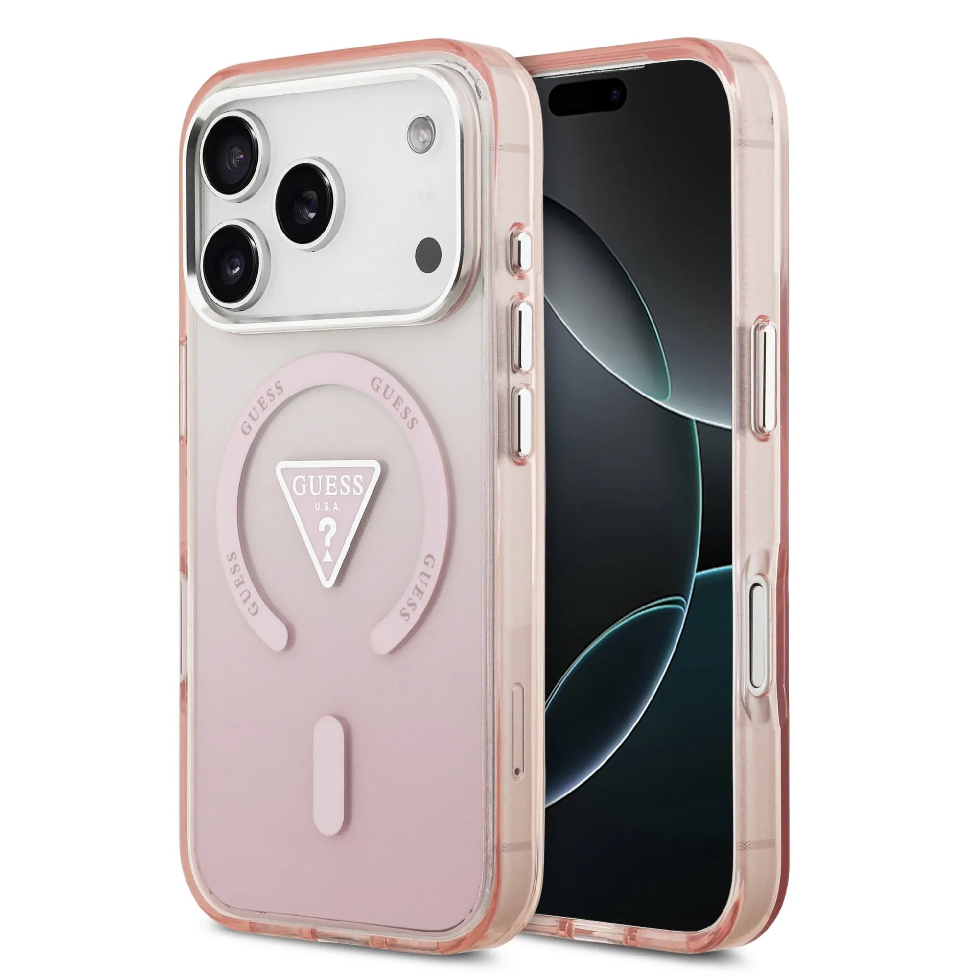 GUESS magnētiskais viedtālruņa apvalks IPHONE 17 Pro, savietojams ar MagSafe GUHMP17LHGTMLCGP (IML gradienta apvalks ar trīsstūra logotipu) rozā