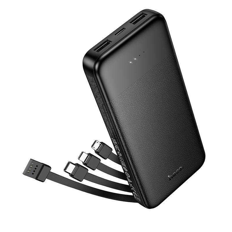 Portatīvais lādētājs Hoco 10000 mAh 2A ar četriem iebūvētiem kabeļiem USB A + USB C + Lightning + Micro USB J163 melns