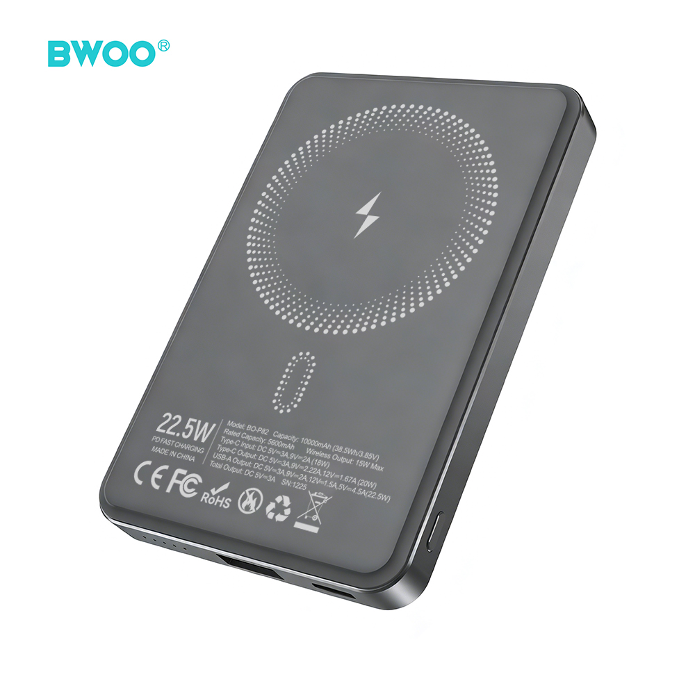 BWOO P82 BO внешний аккумулятор 10000 мАч 15W беспроводная зарядка тёмно-серый