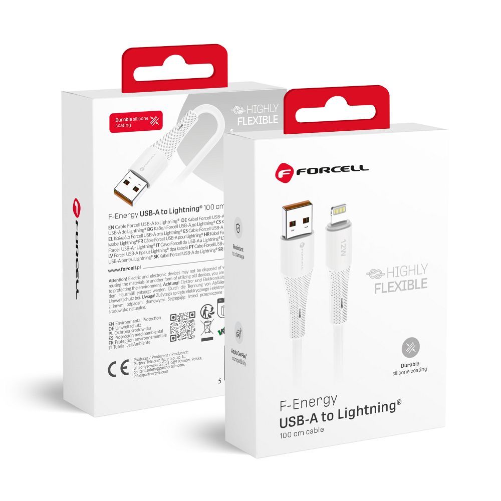 FORCELL F-ENERGY C343 kabelis USB A uz Lightning 2,4A 12W Silicone 1 m balts