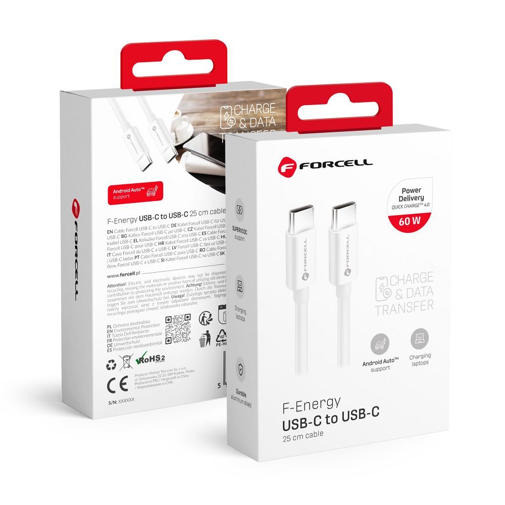 FORCELL F-ENERGY C338 kabelis Type C uz Type C PD QC4.0 3A 60W 0,25 m balts