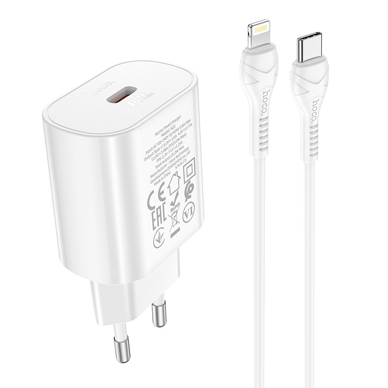Lādētājs Hoco N22 25W USB-C + USB-C uz Lightning kabelis 1.0m, balts
