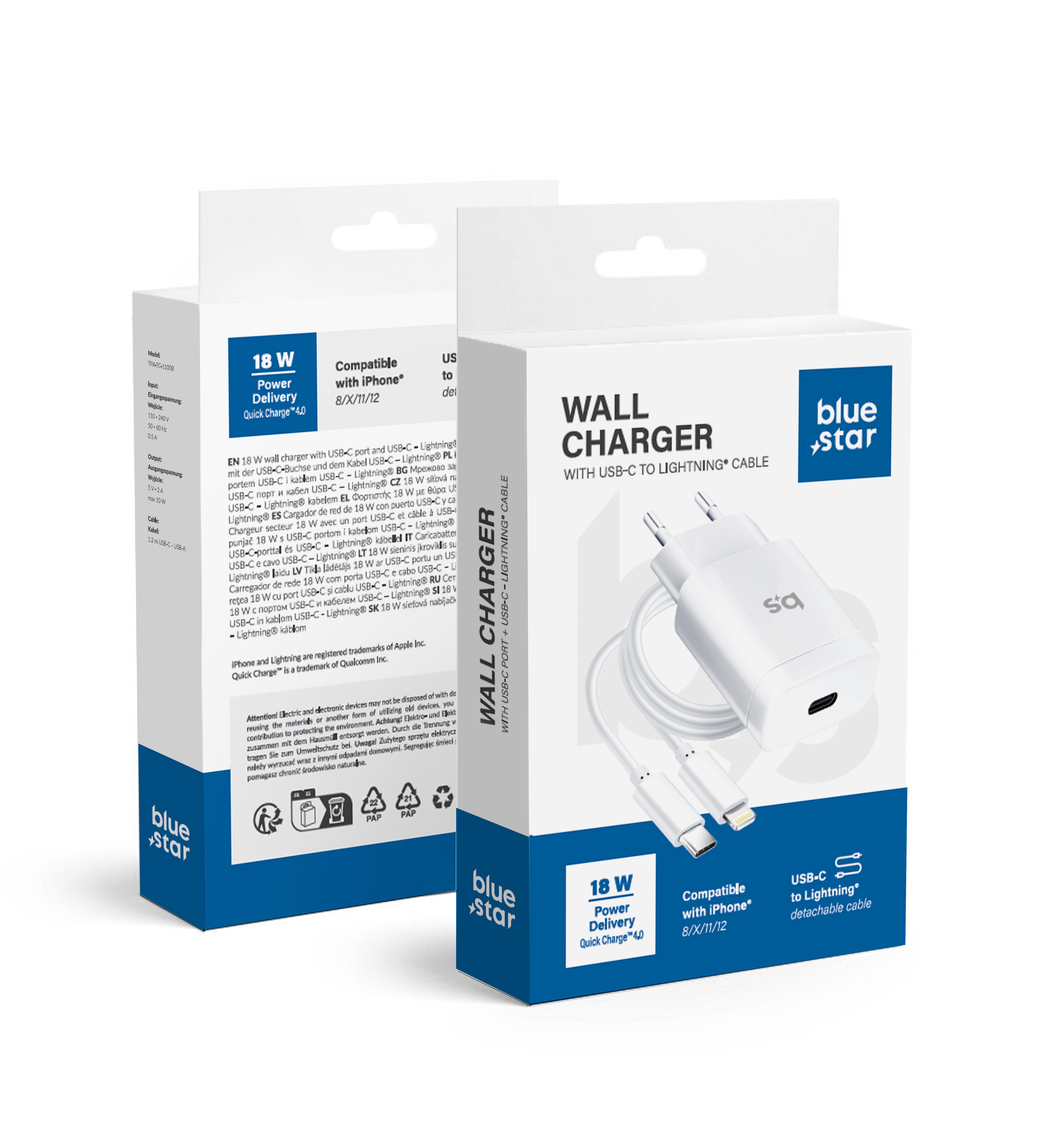 Зарядное устройство Blue Star USB C QC4.0 PD 3A 18W + кабель USB C — Lightning TFK-TC-1099C белое