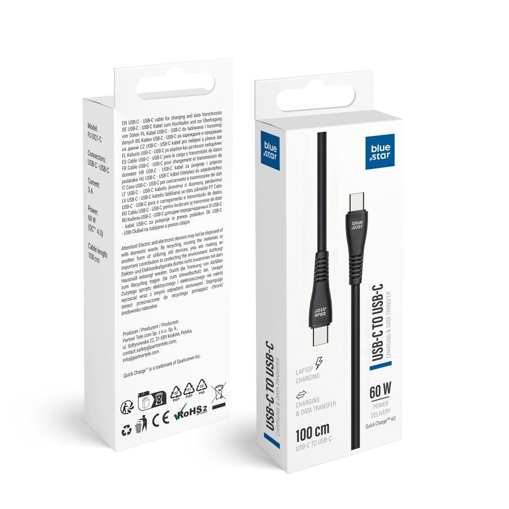 Kabelis USB C - USB C Blue Star 3A 60W QC4.0 1 m PJ-DQ1-C melns