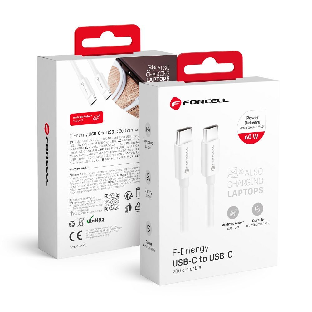 Kabelis FORCELL F-ENERGY C338 Type C uz Type C PD QC4.0 3A 60W 2 m balts
