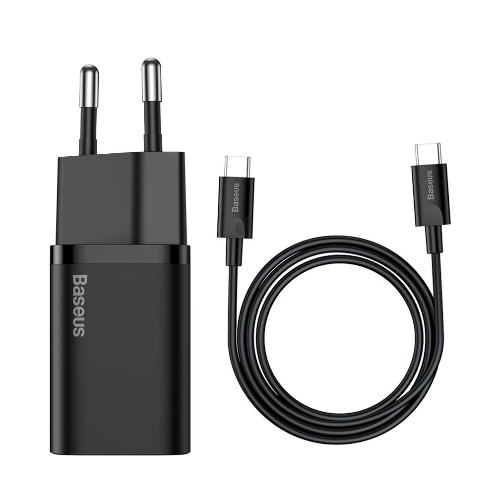 Baseus Super Si ātrās uzlādes lādētājs Quick Charge 3.0 Power Delivery 25W 3A + kabelis USB Type C - USB Type C 3A 1m melns