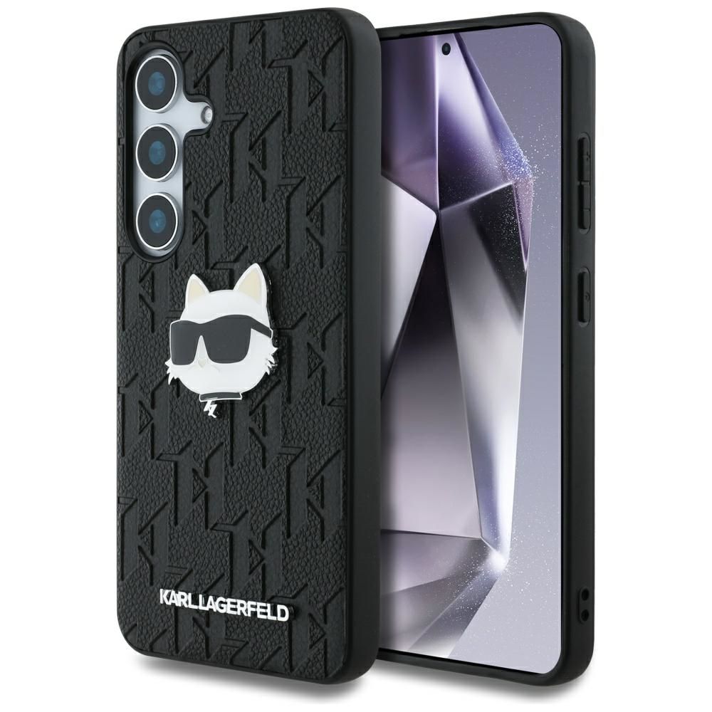 Viedtālruņa apvalks Karl Lagerfeld Ādas Monogramma Pin Logo Choupette Head Samsung Galaxy S25 melns